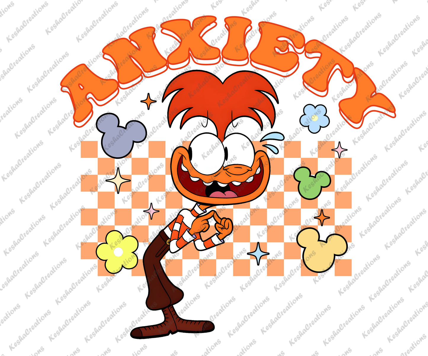 A DTF transfer featuring the character Anxiety with a playful orange checkerboard background, portraying the reality of dealing with anxious feelings.