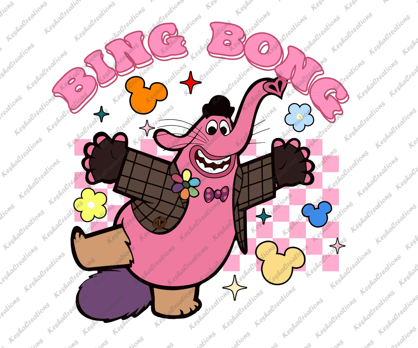 A joyful DTF transfer featuring Bing Bong, the imaginary friend, on a pink checkerboard background, symbolizing innocence and imagination.