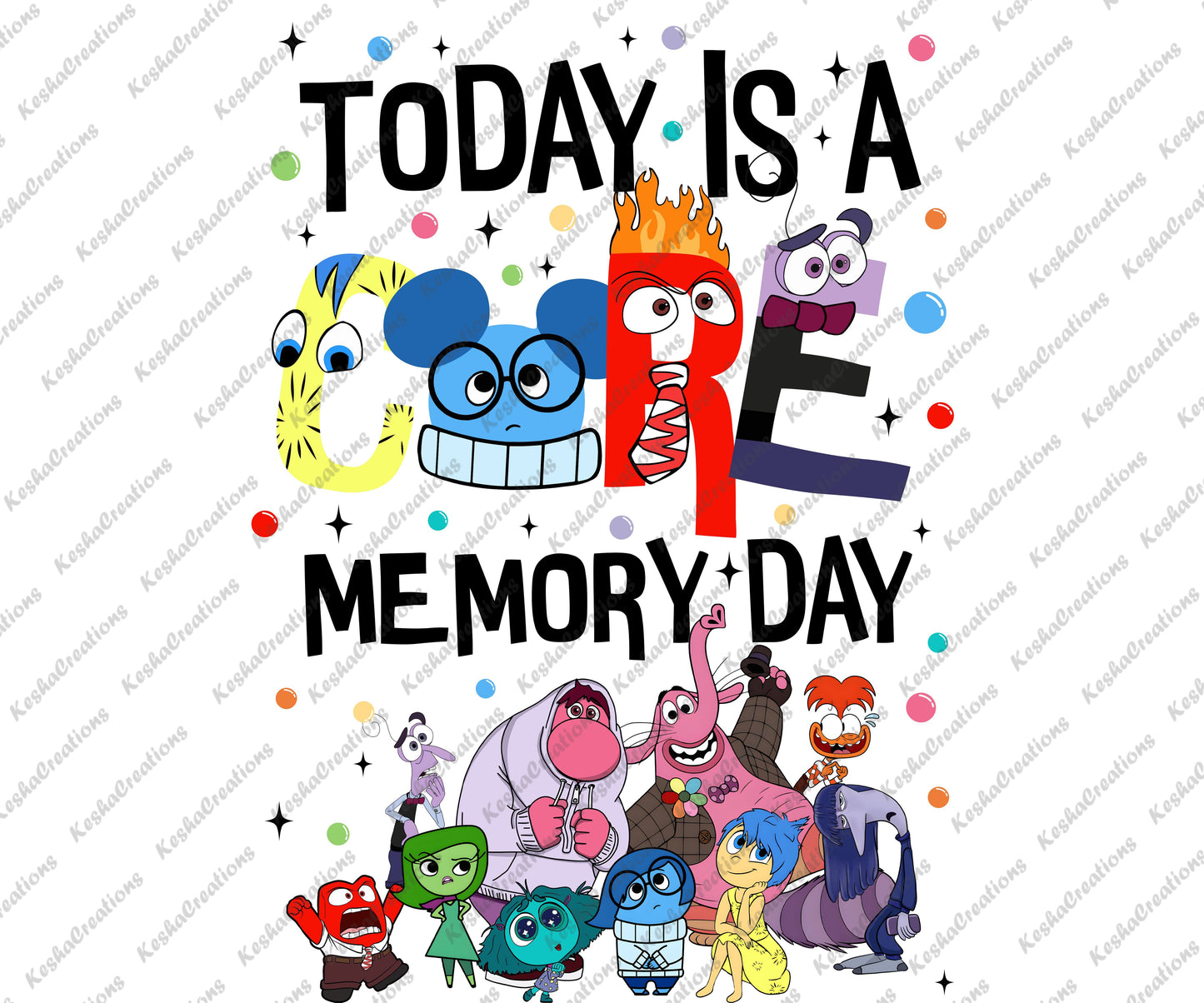 An artistic DTF transfer with Inside Out characters forming the word "CORE," symbolizing the core emotions, with colorful dots for a playful touch.