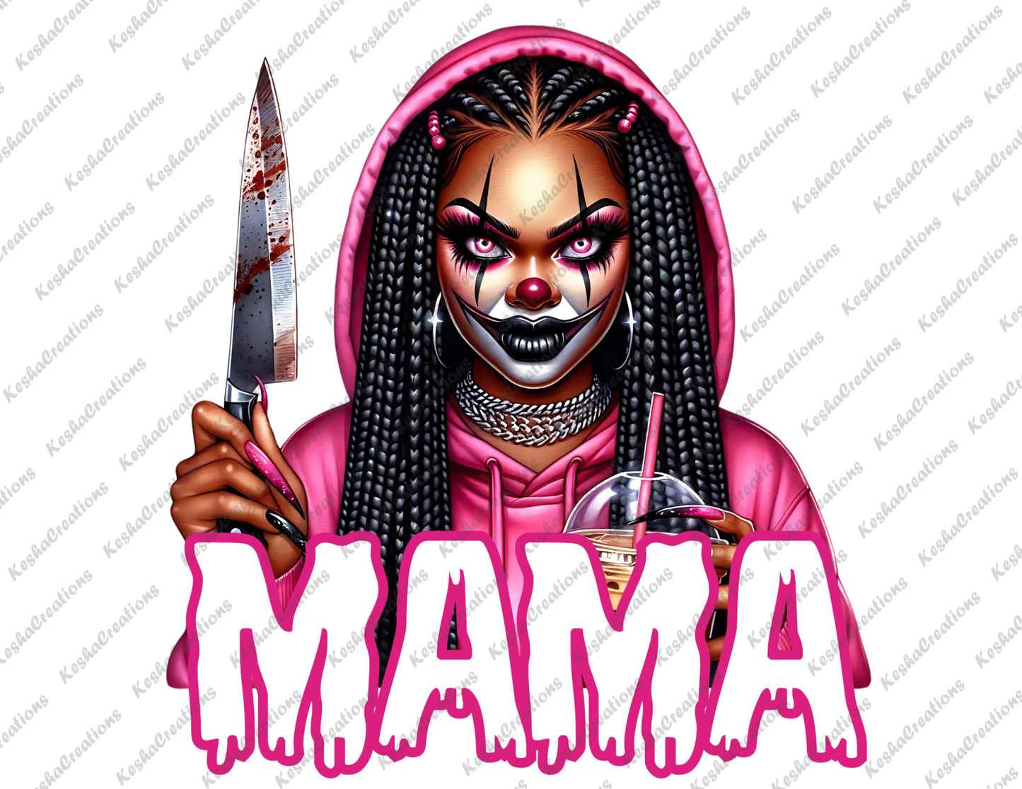 "Pink-themed African American female clown in a hoodie, with 'MAMA' written in bold pink letters.