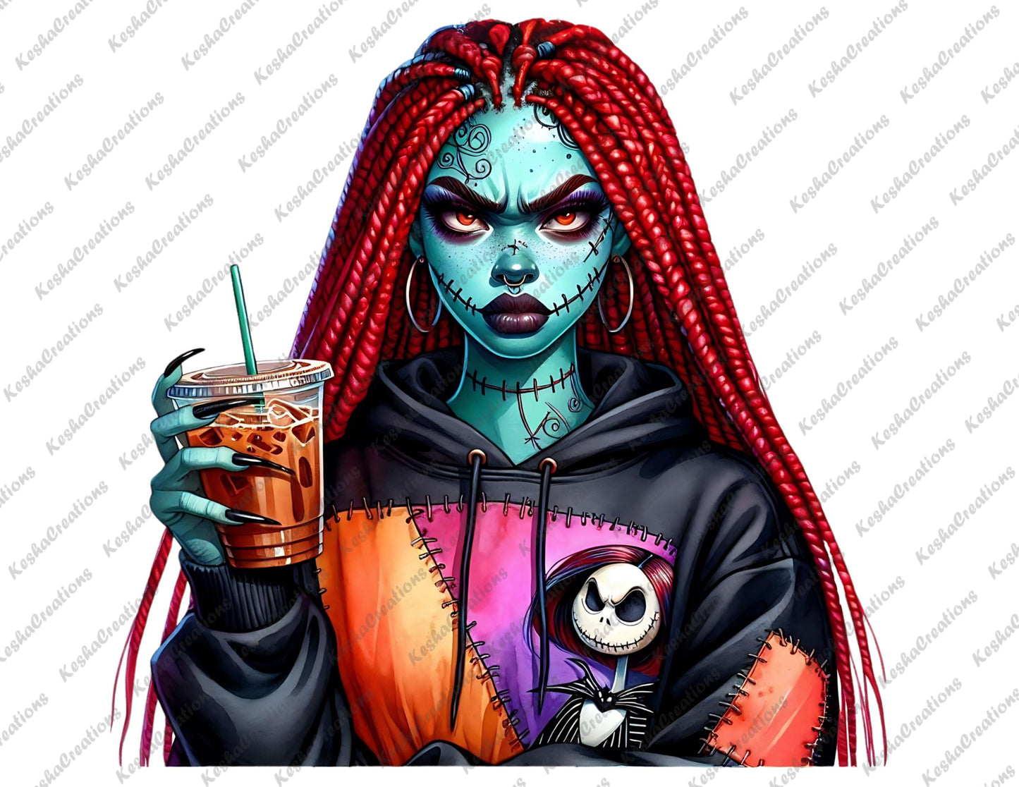 African American female character with red braids, dressed as a stitched-up zombie, holding iced coffee, wearing a patchwork hoodie.