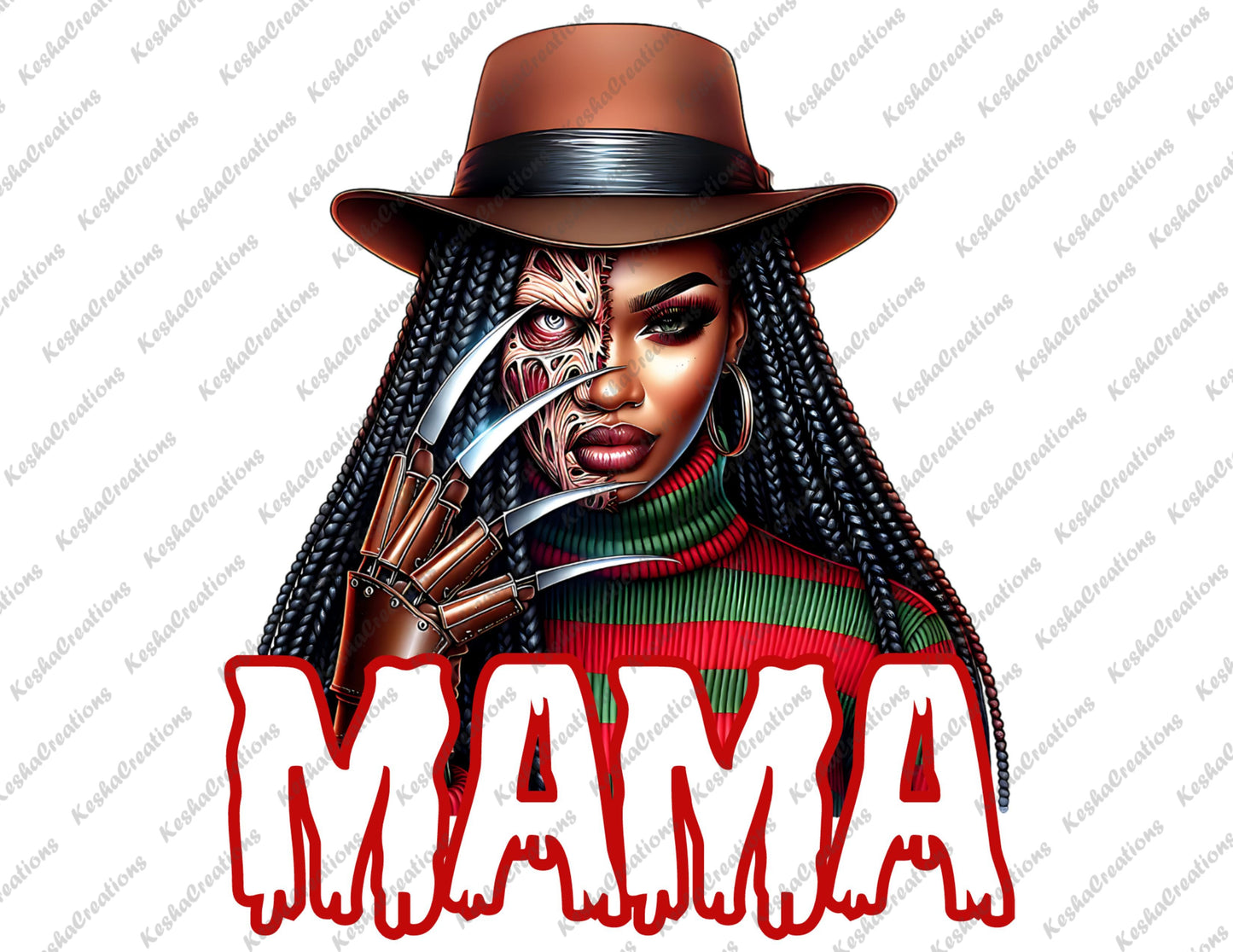 African American female dressed as Freddy Krueger, with braided hair, half-burnt face design, wearing a striped sweater and hat, with 'MAMA' text below in dripping red letters.