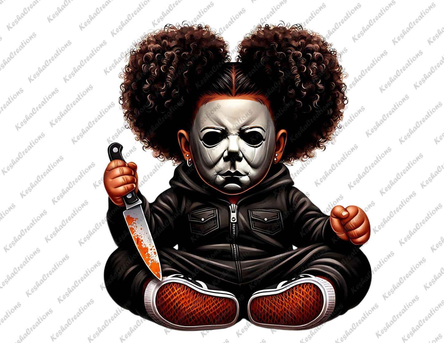 Baby girl character with large curly puffs, wearing a Michael Myers mask and holding a blood-stained knife.