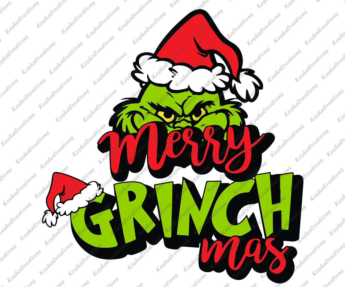 The Grinch wearing a Santa hat, with the playful text "Merry Grinchmas" in red and green.