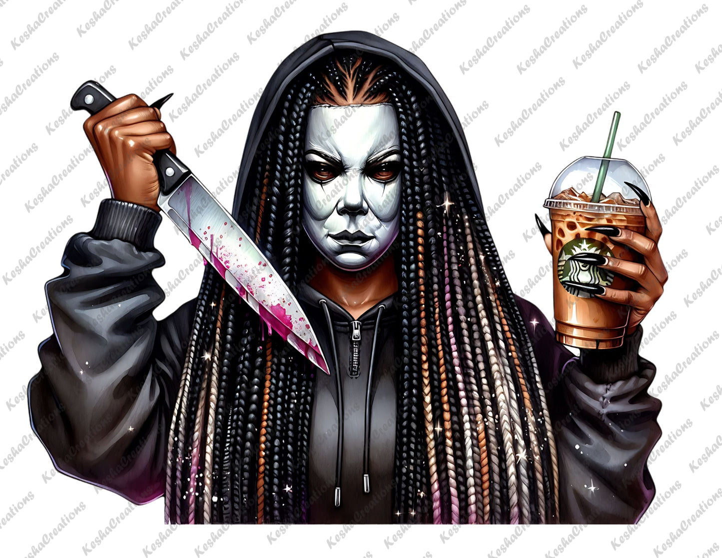 African American female character with braided hair, wearing a Michael Myers mask, holding a bloody knife and iced coffee.
