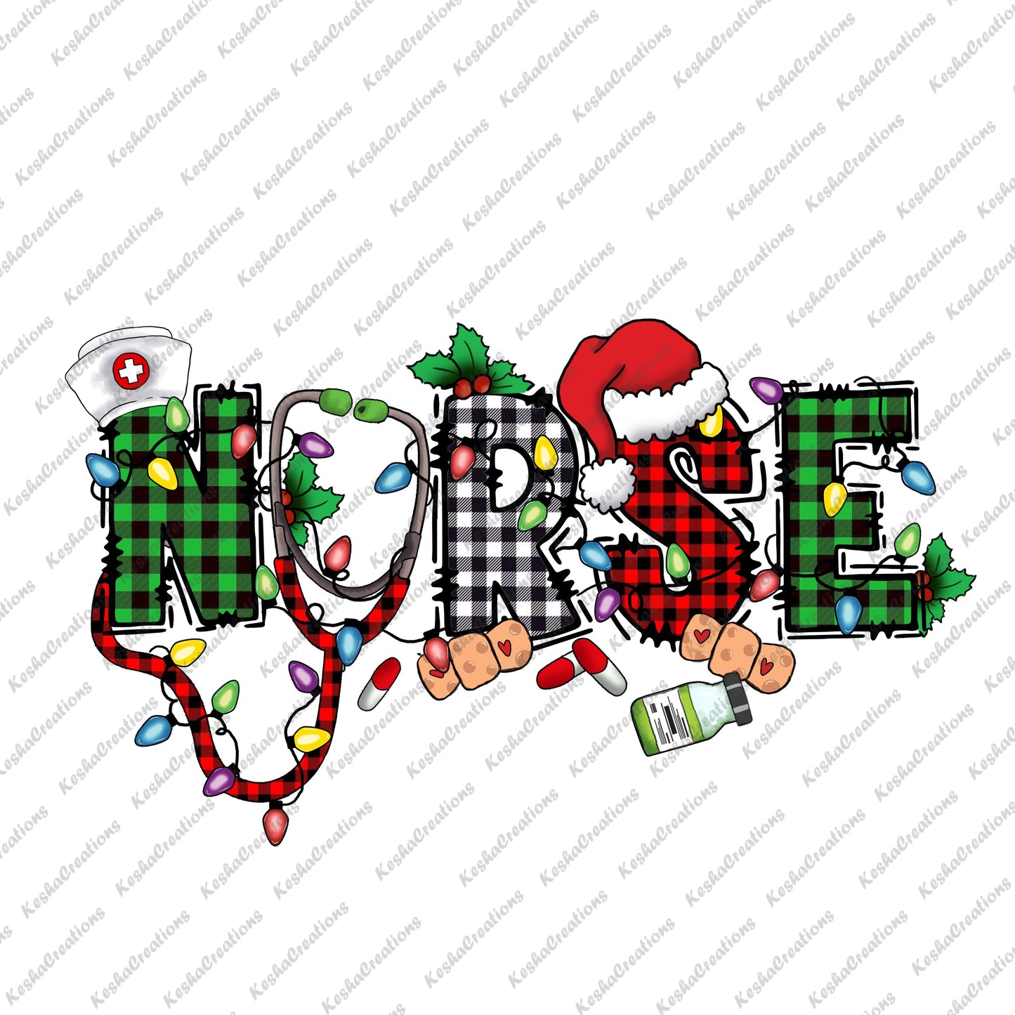 The word "Nurse" spelled out with festive decorations, including a nurse hat, Christmas lights, holly, and a Santa hat, incorporating medical and holiday elements together.