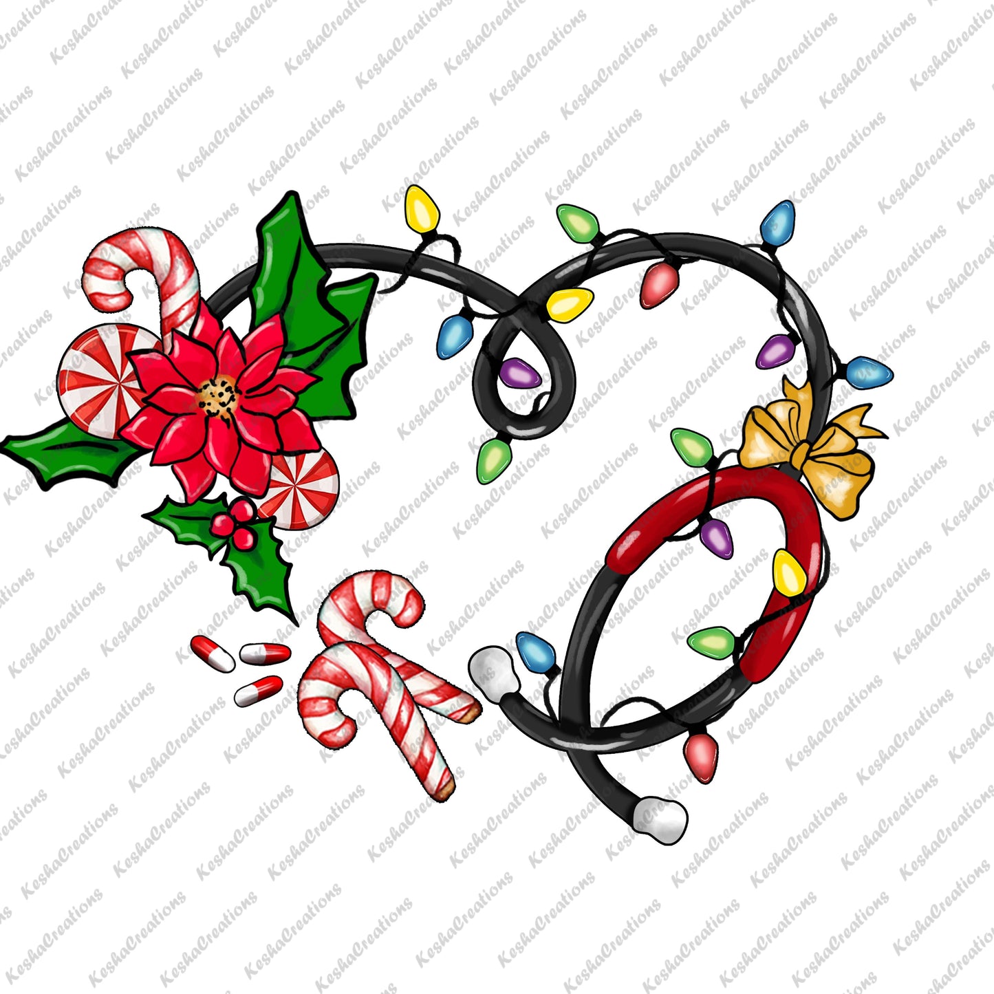 A heart-shaped design with a stethoscope wrapped around holiday elements, including candy canes, poinsettia, and Christmas lights, symbolizing the nurse's caring heart during the holidays.
