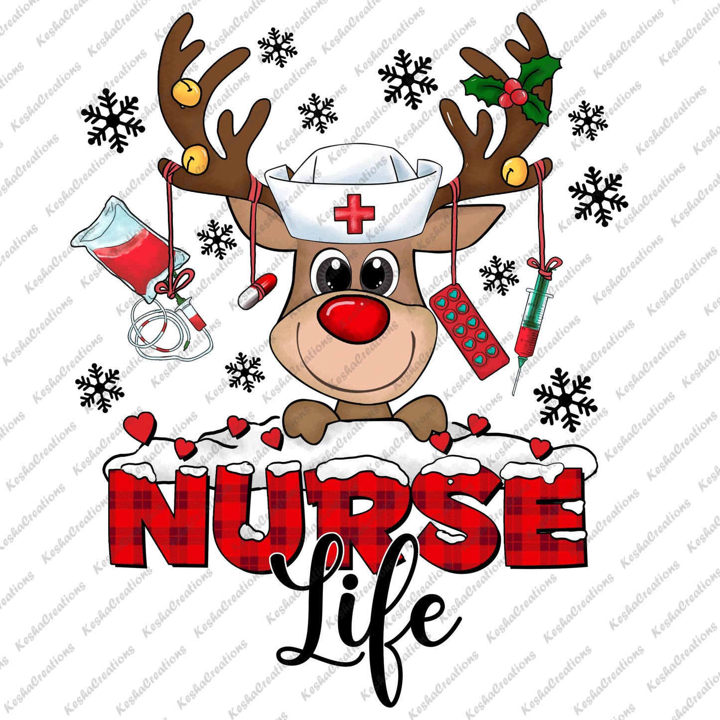 A cute reindeer wearing a nurse hat and holding various medical items like a syringe and medication, with the words "Nurse Life" in red plaid letters below.