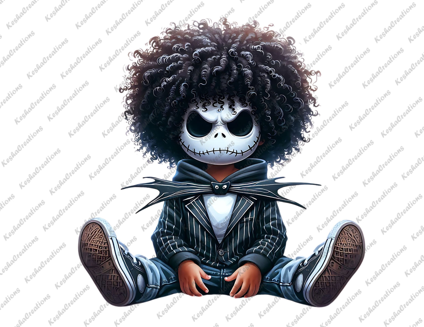 Baby boy character with brown skin, curly hair, dressed as a skeleton in a striped suit.