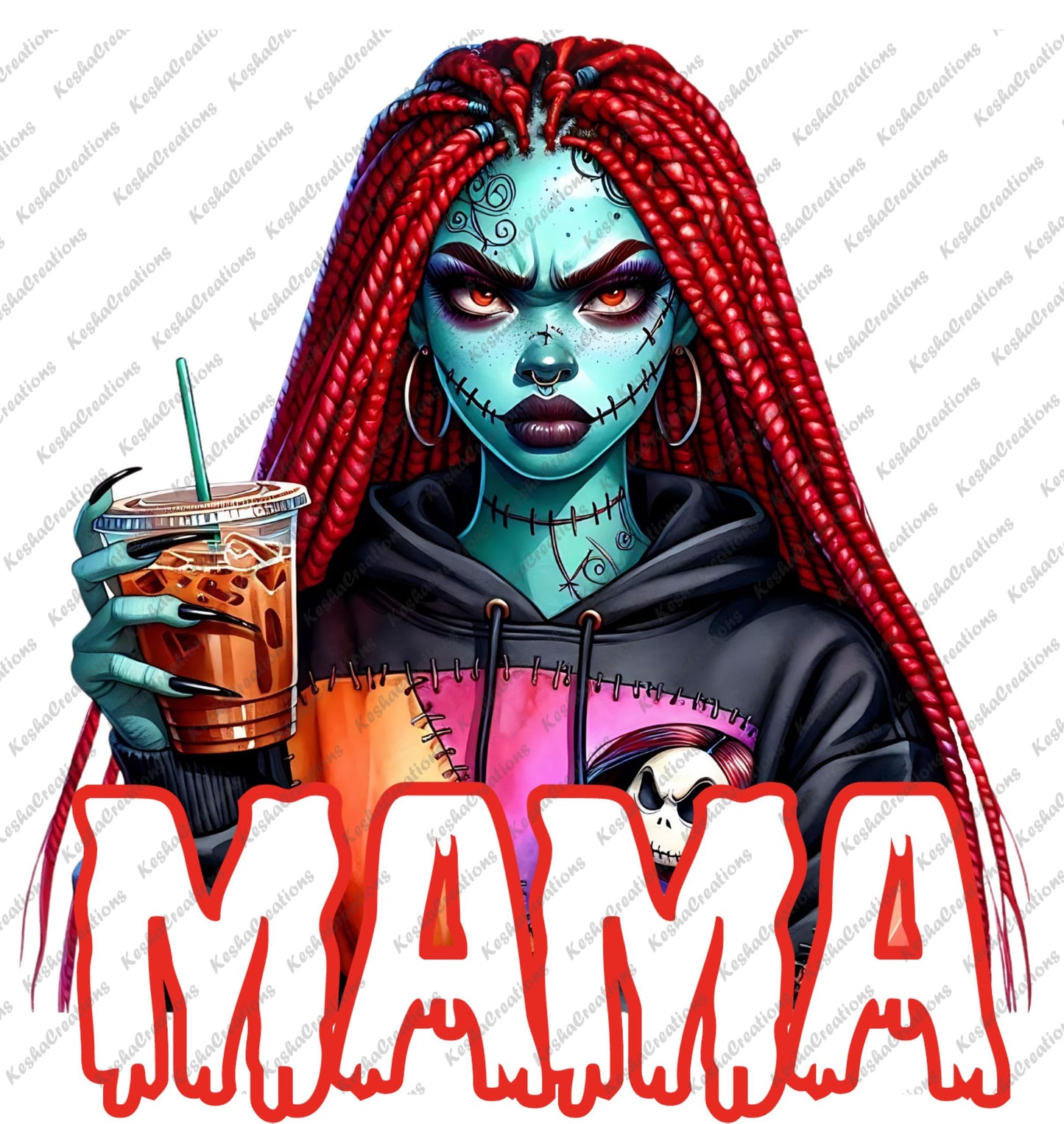 African American female character with red braids, dressed as a stitched-up zombie, holding iced coffee, with 'MAMA' text in dripping red letters.