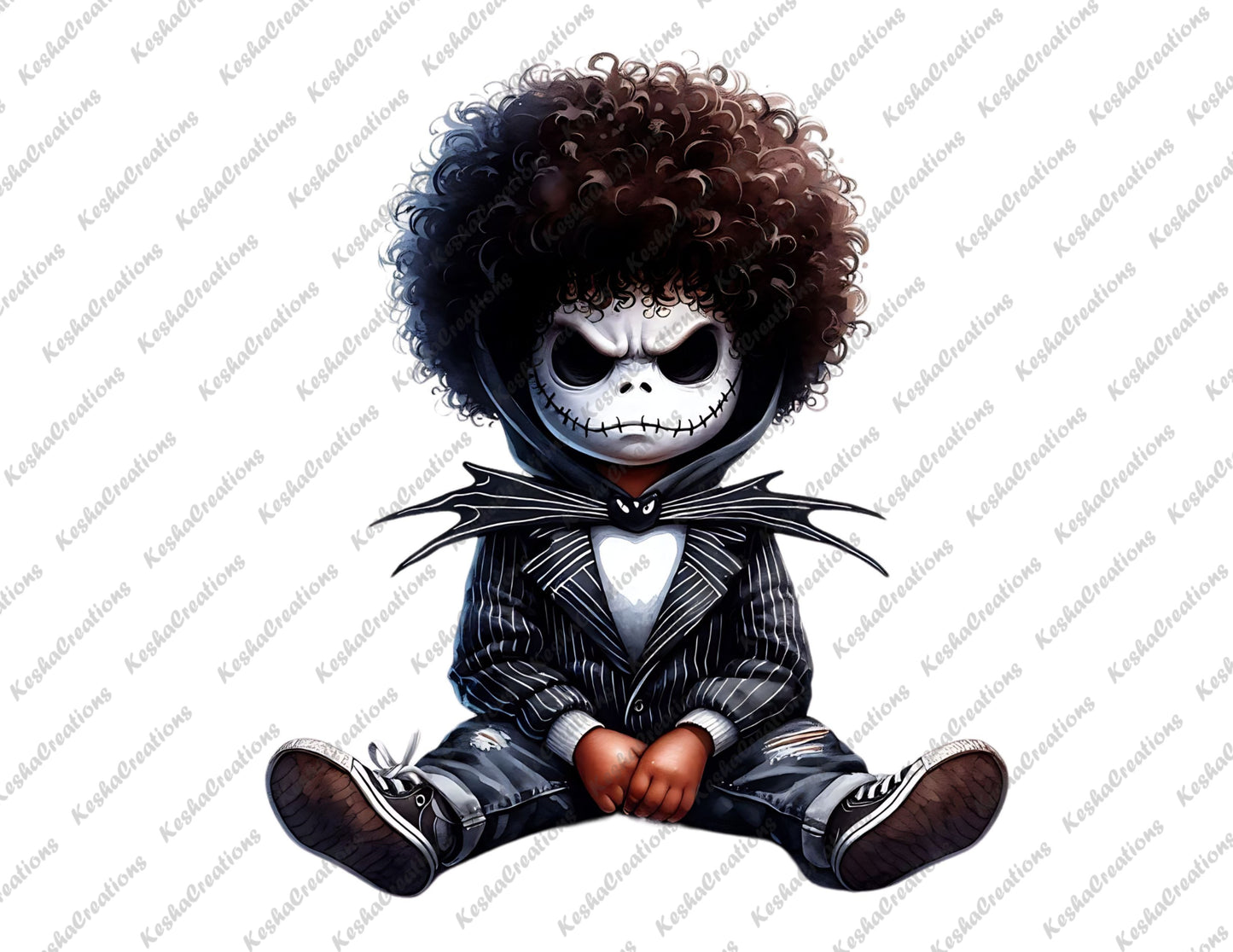 Baby boy character with blue skin, wearing an afro, dressed as a skeleton in a striped suit.