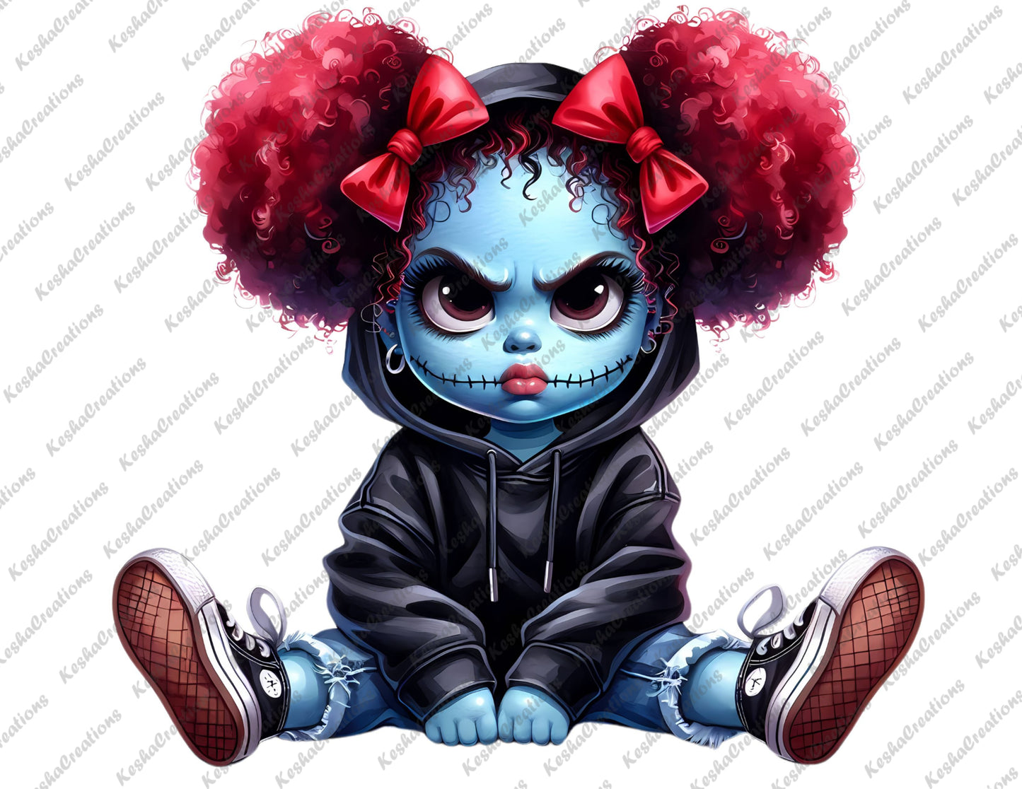 Baby girl character with blue skin, large curly puffs with red bows, dressed as a stitched-up zombie, wearing a black hoodie