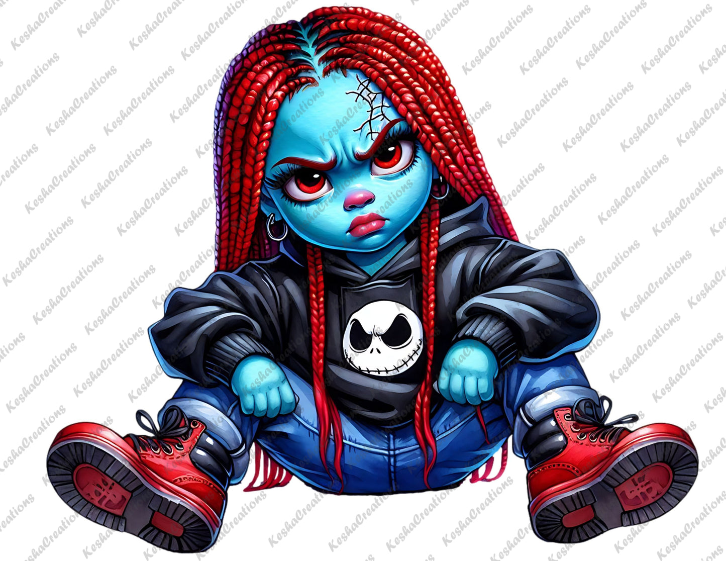 Baby girl character with blue skin, red braids, dressed as a stitched-up zombie, wearing a black hoodie and red boots.