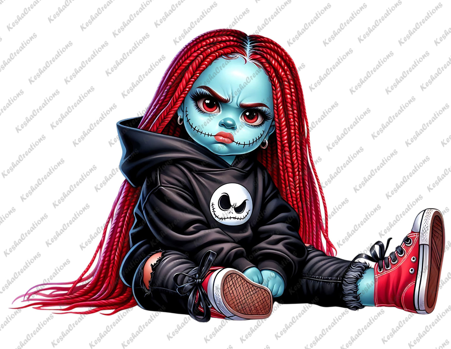 Baby girl character with blue skin, red braids, dressed as a stitched-up zombie, wearing a black hoodie with Jack Skellington graphic