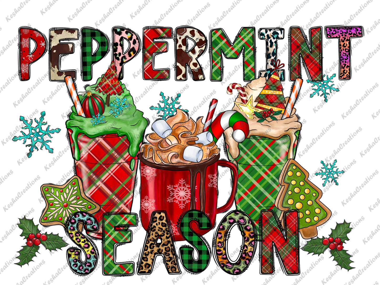 Three festive plaid-patterned drinks with holiday decorations, candy canes, and cookies, with the words "Peppermint Season" in a mix of plaid and leopard print letters.
