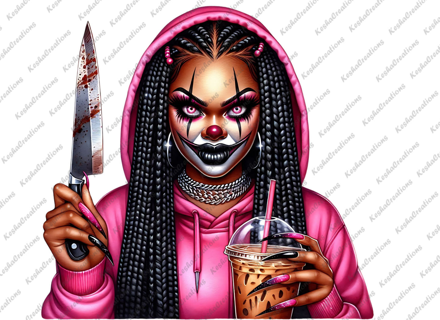 Pink-themed African American female clown holding a knife and iced coffee, wearing a hoodie.