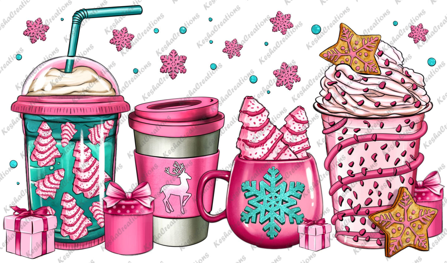 A playful set of pink holiday-themed coffee cups with reindeer, snowflake, and Christmas tree designs, surrounded by pink snowflakes and gift boxes.