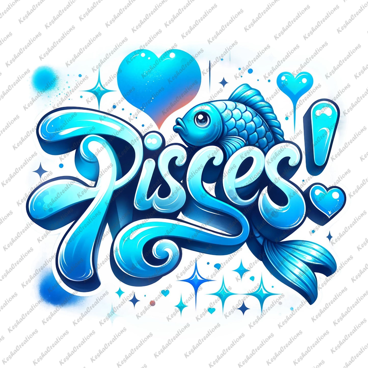 A vibrant blue Pisces zodiac design featuring a stylized fish with swirling typography and decorative hearts and stars.