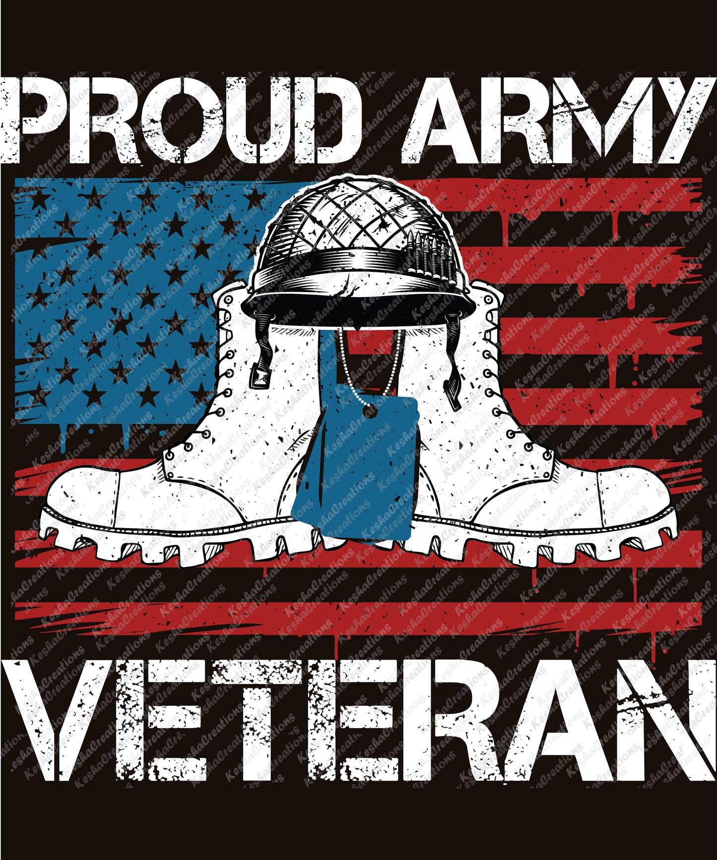 Military boots and helmet over an American flag with the text "Proud Army Veteran."