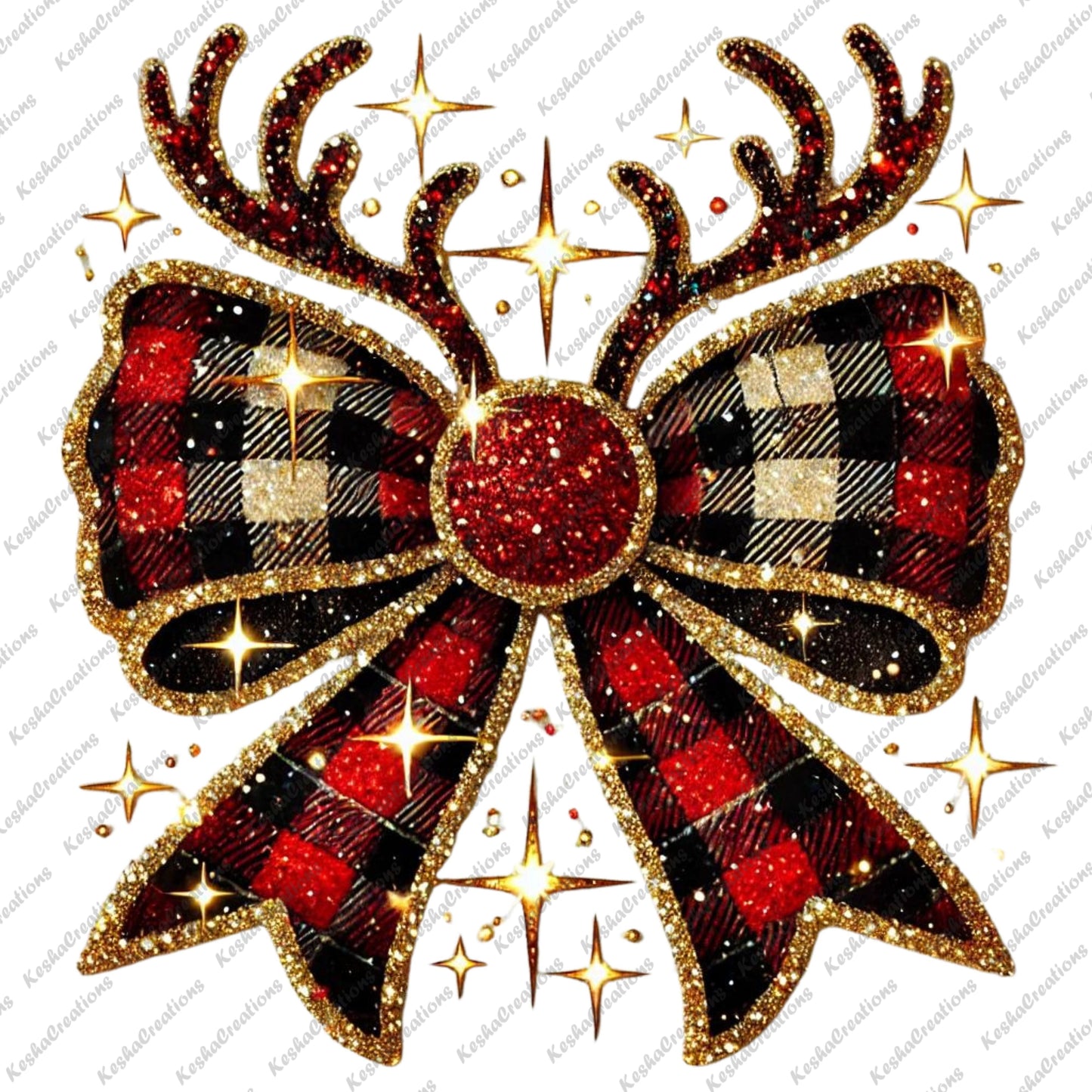 A sparkling red and black plaid bow with glittery edges, adorned with reindeer antlers and surrounded by gold stars for a festive touch.