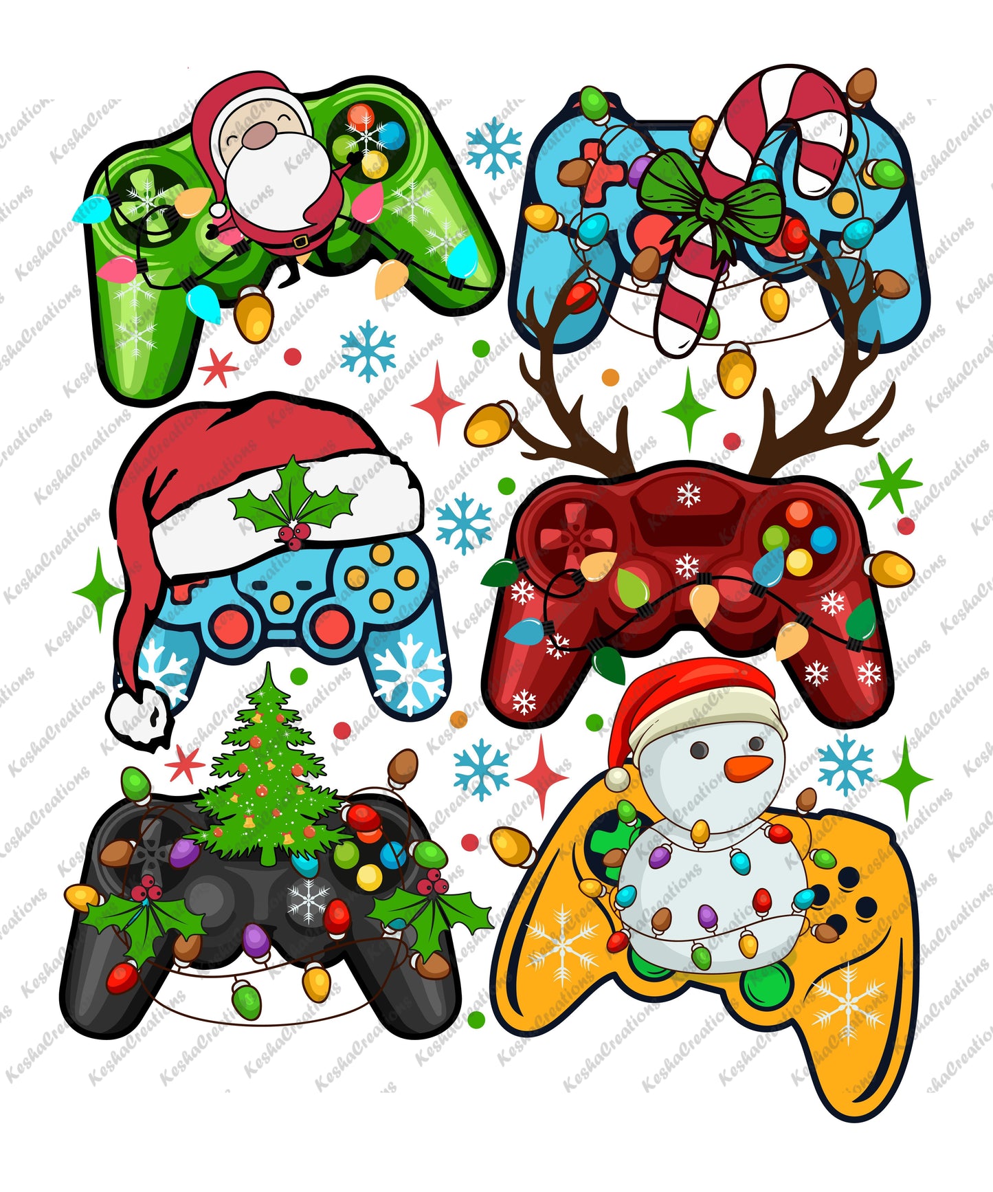Colorful gaming controllers decorated with Christmas themes, including Santa, reindeer, candy canes, and holiday lights.