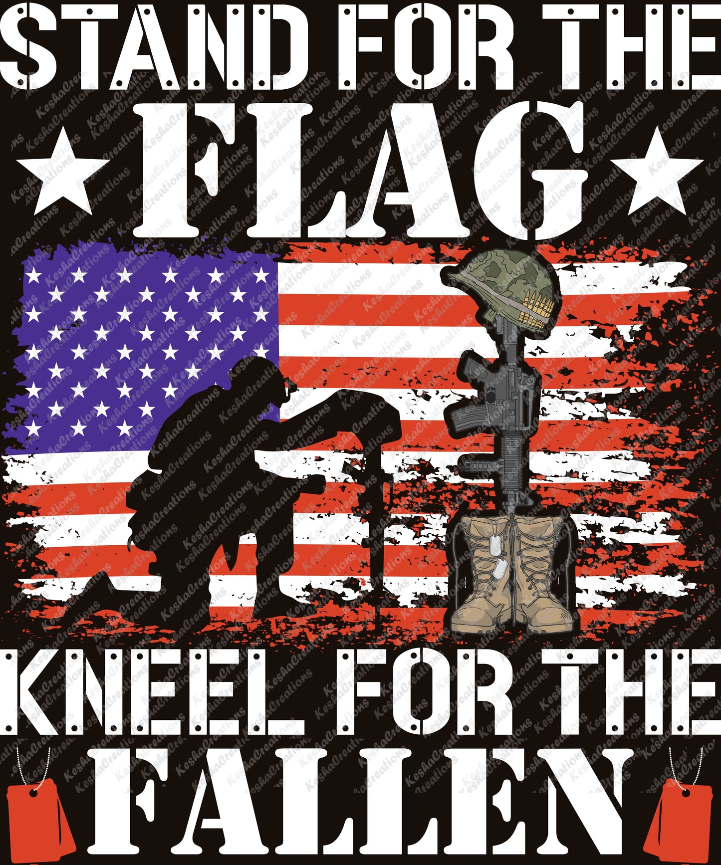 Soldier kneeling with a memorial rifle and boots, alongside the American flag, with the text "Stand for the Flag, Kneel for the Fallen."