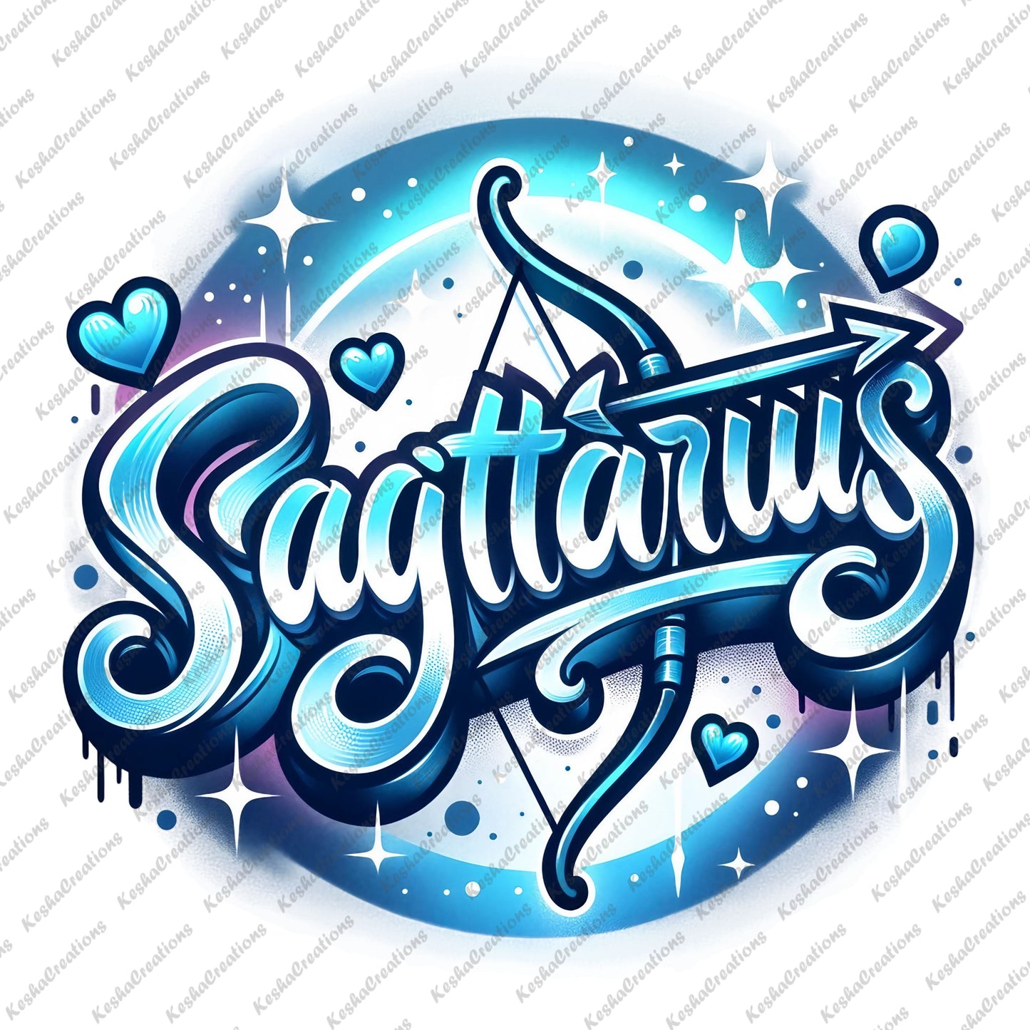 A bold Sagittarius zodiac design featuring a bow and arrow symbol in blue with elegant, flowing text and sparkles for an adventurous look