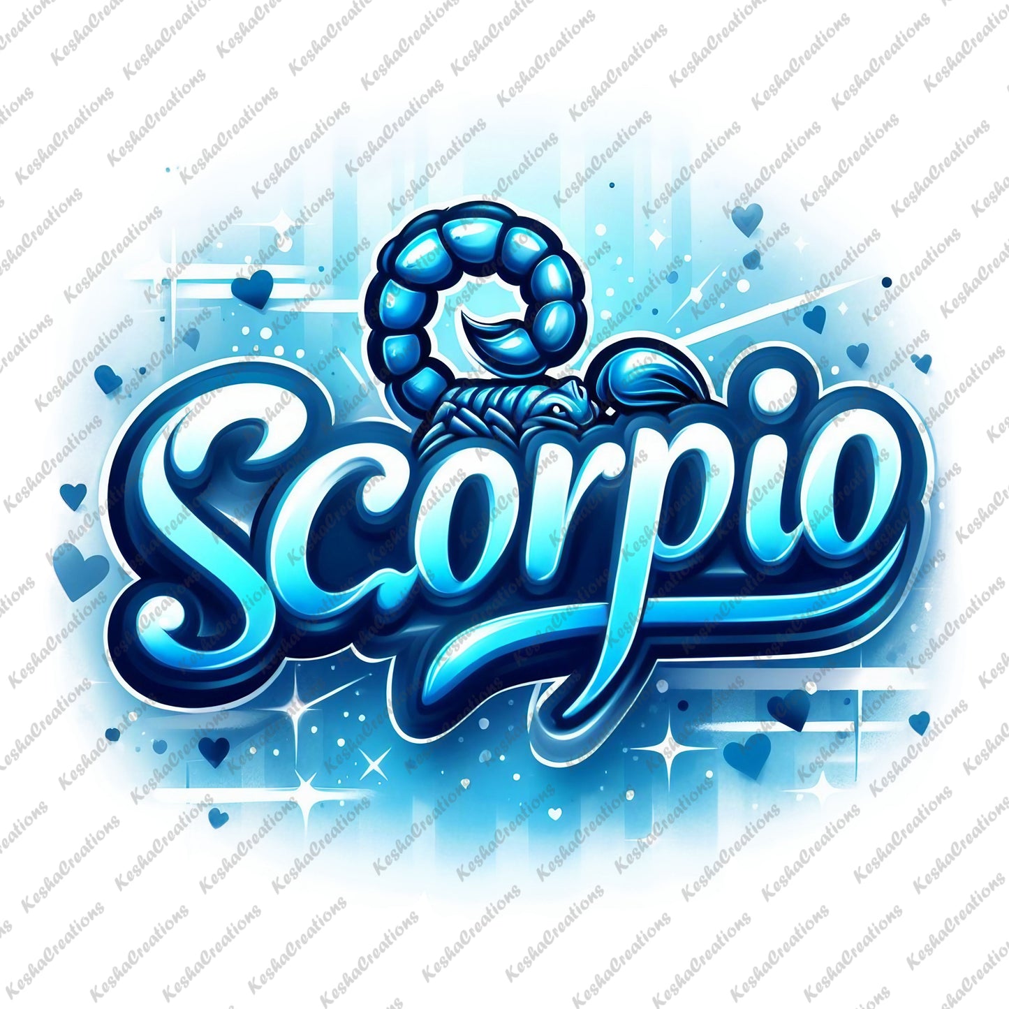 A striking blue Scorpio zodiac design with a stylized scorpion, swirling typography, and heart accents for a powerful aesthetic.