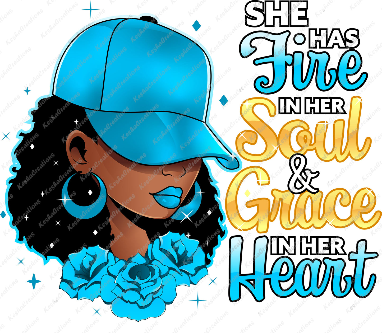 DTF transfer design in blue, showcasing the inspirational phrase 'She Has Fire In Her Soul and Grace In Her Heart' in elegant typography, embodying calmness and grace.