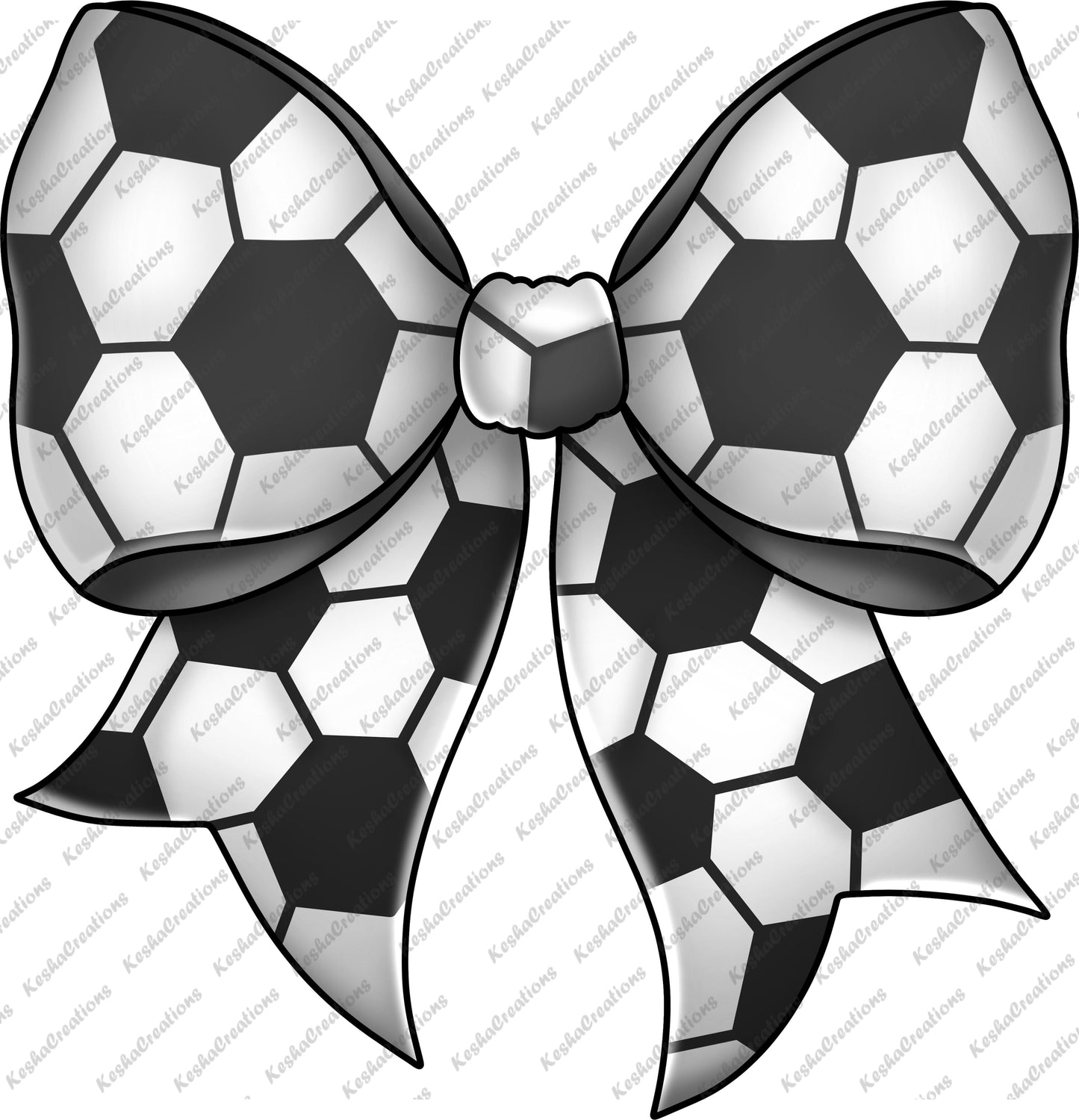 A black and white DTF transfer bow with a soccer ball pattern, perfect for soccer fans looking to showcase their love for the game.