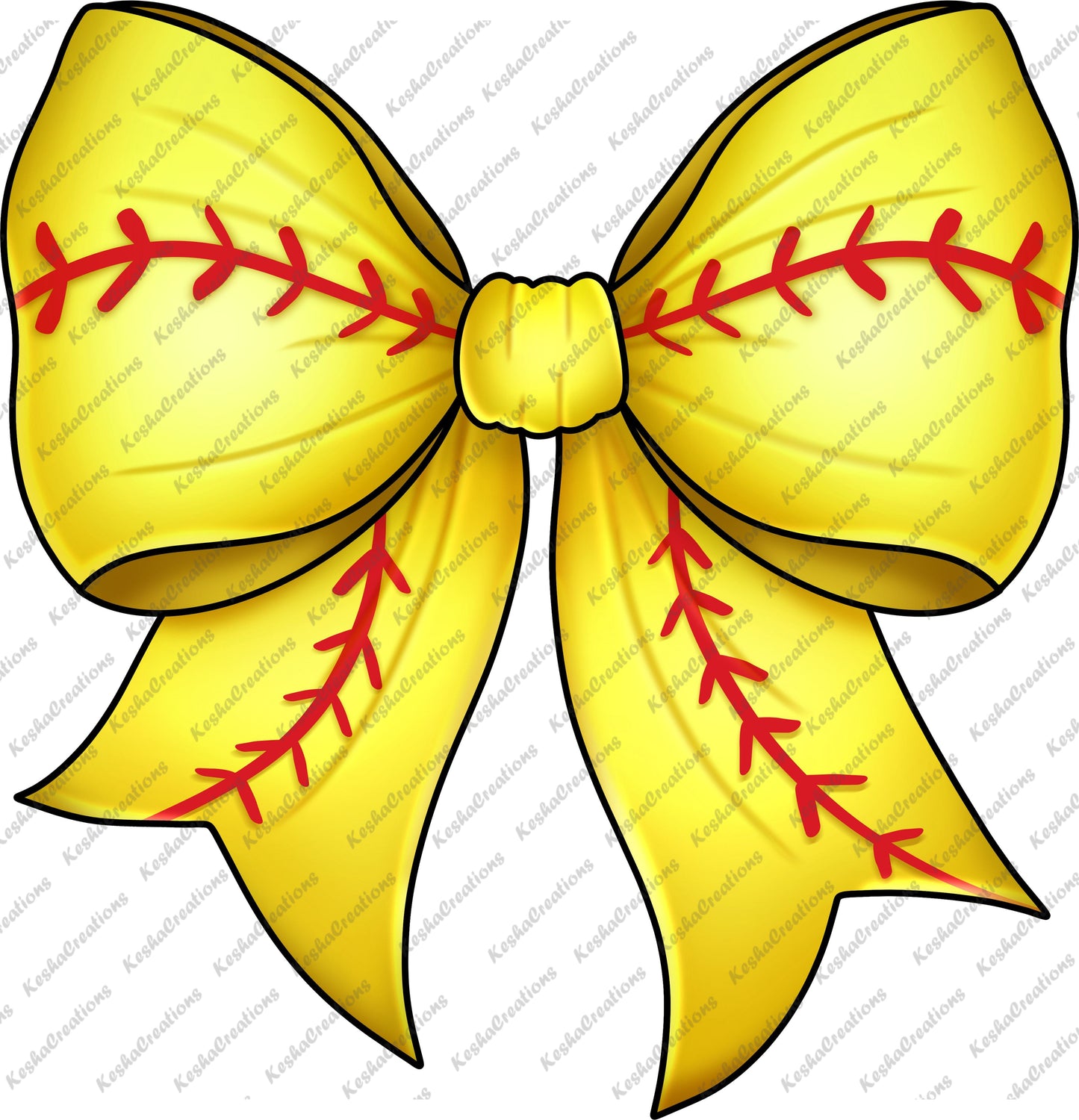 A bright yellow DTF transfer bow with red stitching that mimics a softball, creating a playful and bold look.