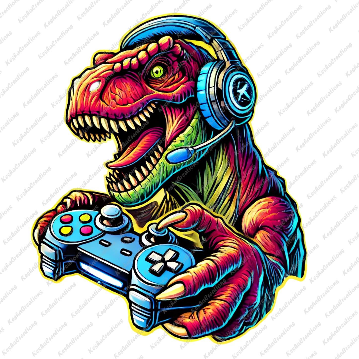 Cartoon T-Rex Dinosaur gaming with a headset and controller, DTF Transfer for gamer-themed designs.