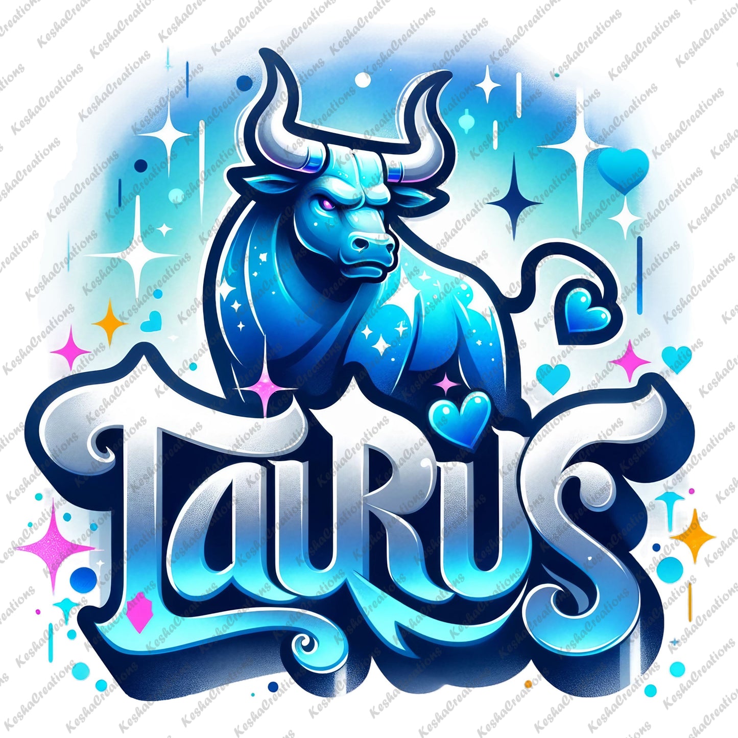 A dynamic Taurus zodiac design in blue, featuring a bull with strong, bold typography and decorative hearts and stars.