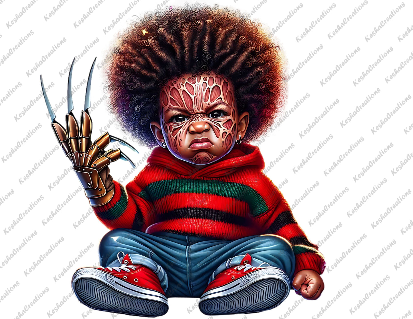 Unisex baby dressed as Freddy Krueger, with afro hair, burnt face design, wearing a striped sweater, and glove with claws.