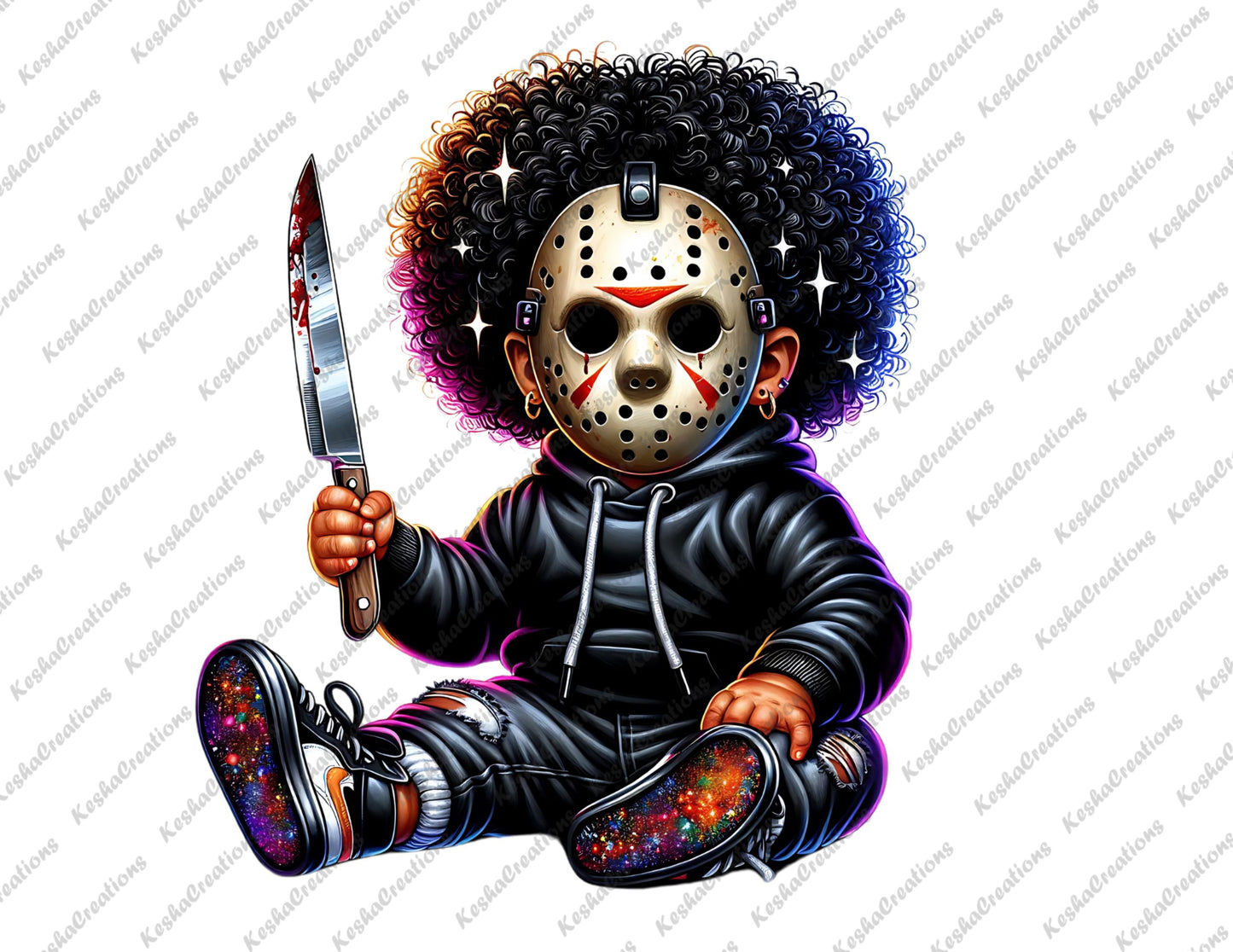 Unisex baby character with afro hair, wearing a Jason Voorhees mask, holding a blood-stained knife, dressed in a black hoodie.