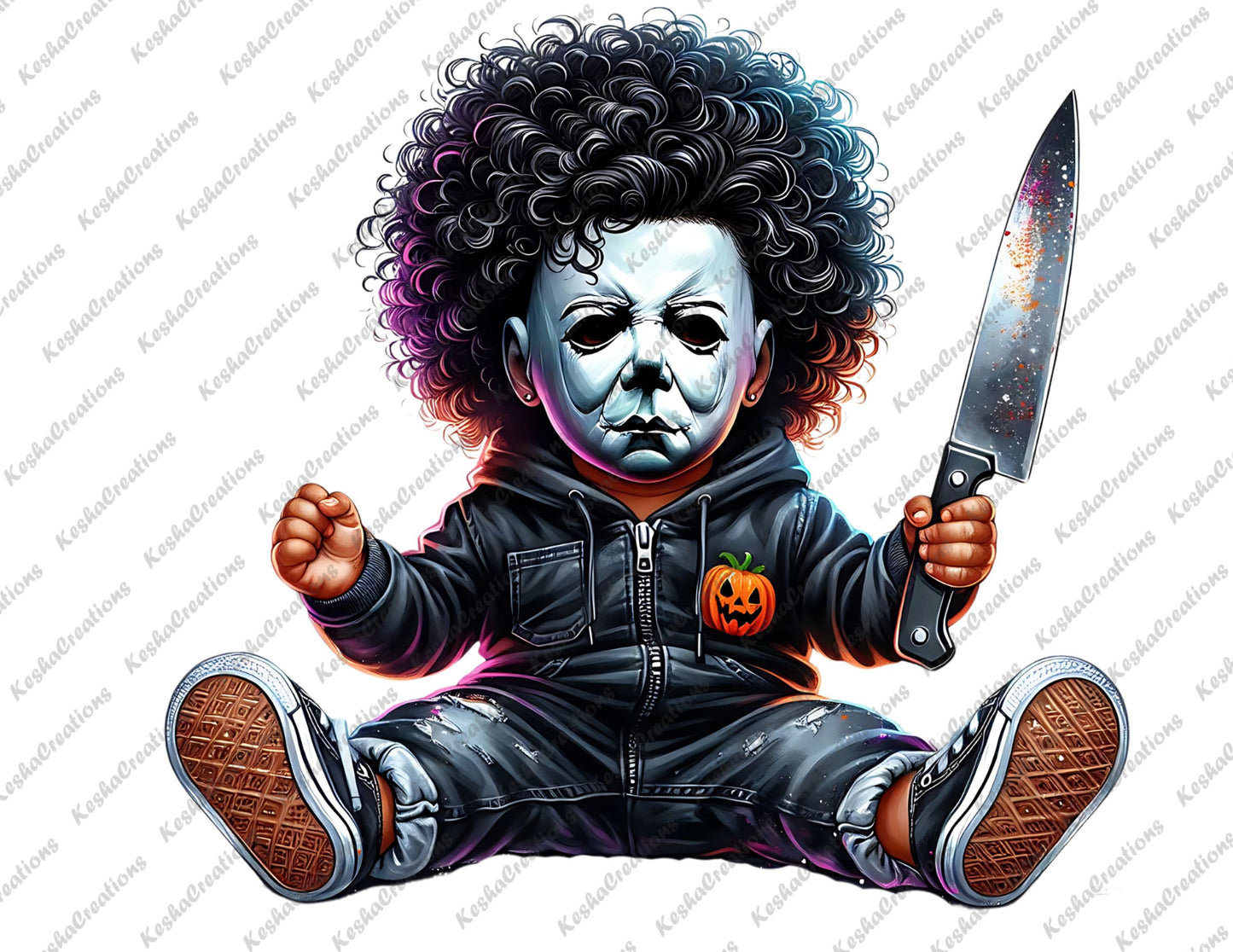 Unisex baby character with afro hair, wearing a Michael Myers mask, dressed in a black jumpsuit with a pumpkin patch and holding a multicolored knife