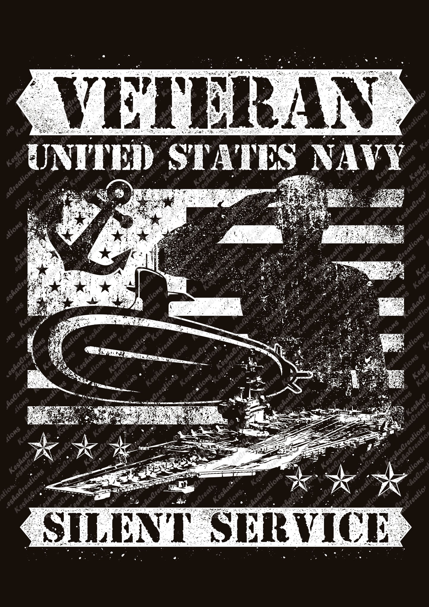 DTF transfer design featuring a silhouette of a saluting figure with a submarine and battleship, symbolizing the U.S. Navy's silent service, with "Veteran United States Navy" text.