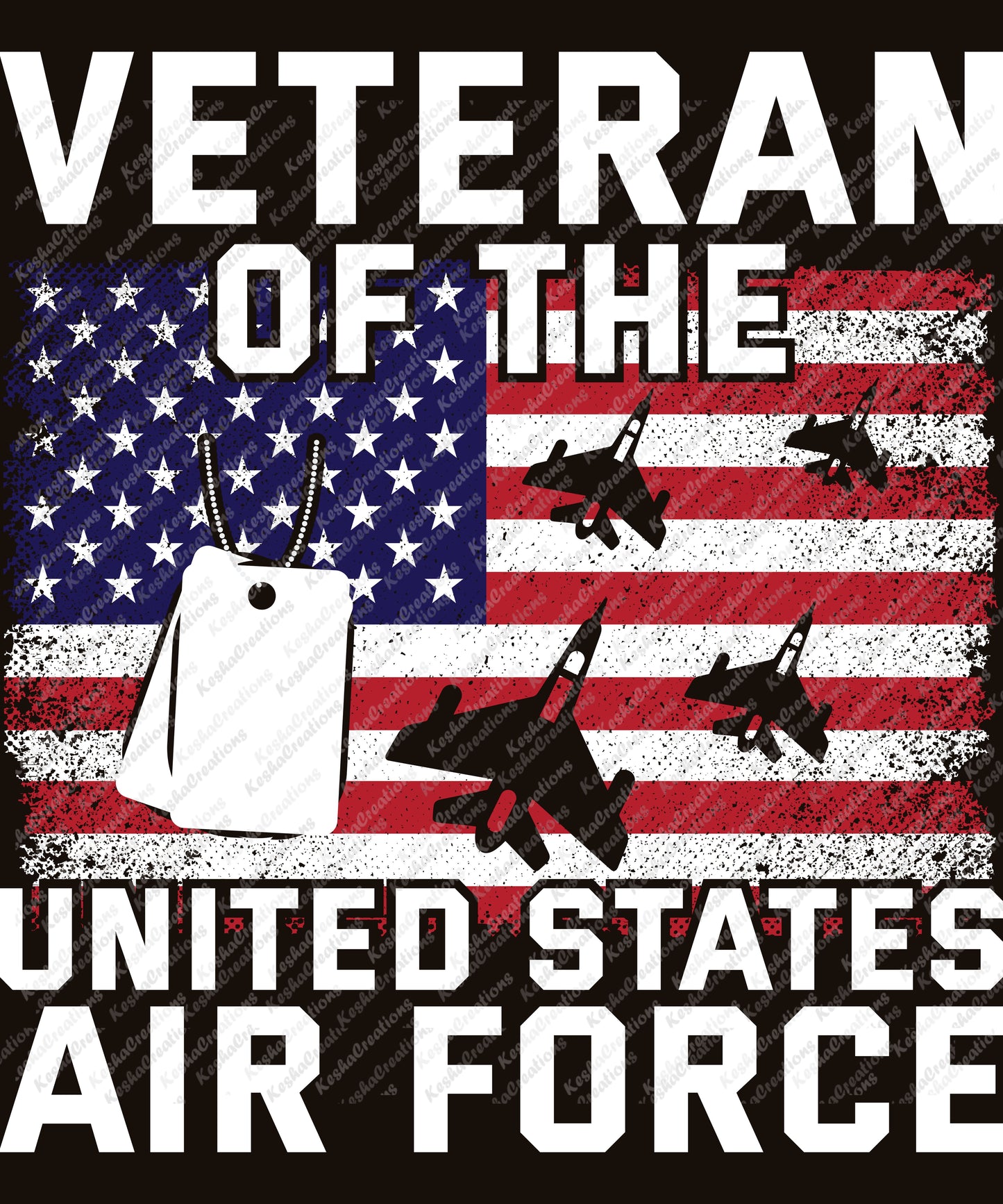 American flag background with dog tags and fighter jets, reading "Veteran of the United States Air Force."
