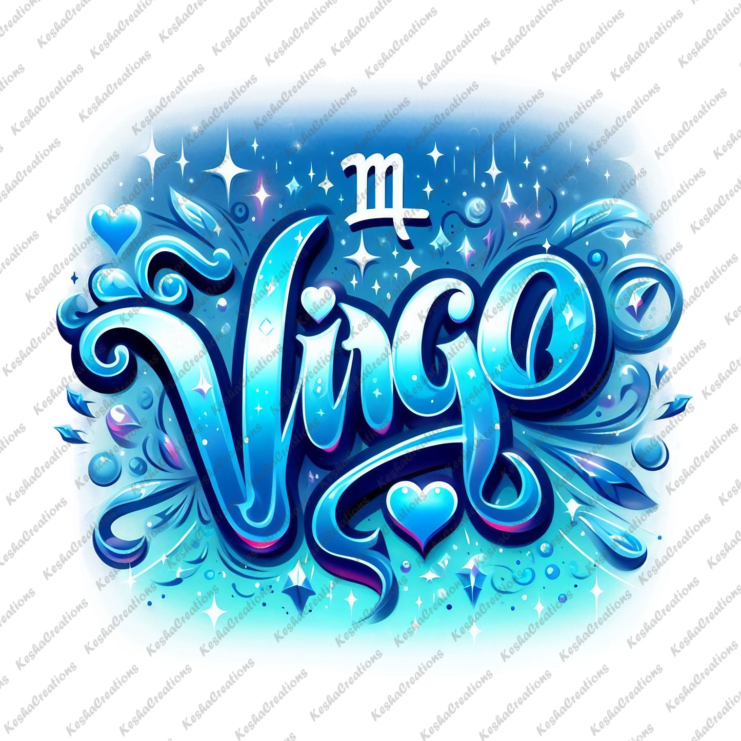 A celestial Virgo zodiac design with flowing blue typography, intricate detailing, and surrounding hearts and sparkles.