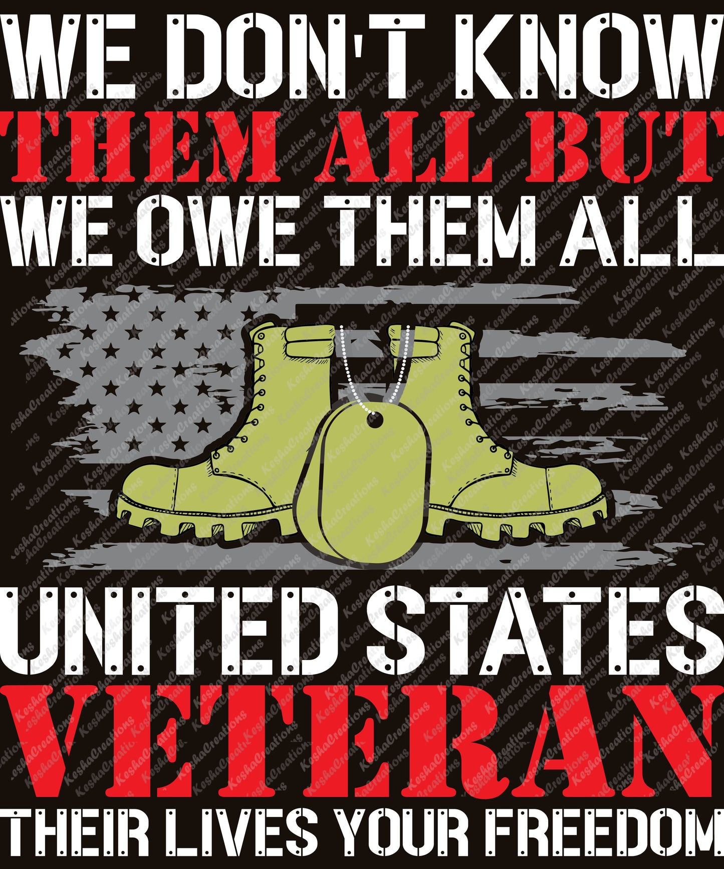 DTF transfer design with military boots and dog tags, displaying the message "We Don’t Know Them All But We Owe Them All United States Veteran."