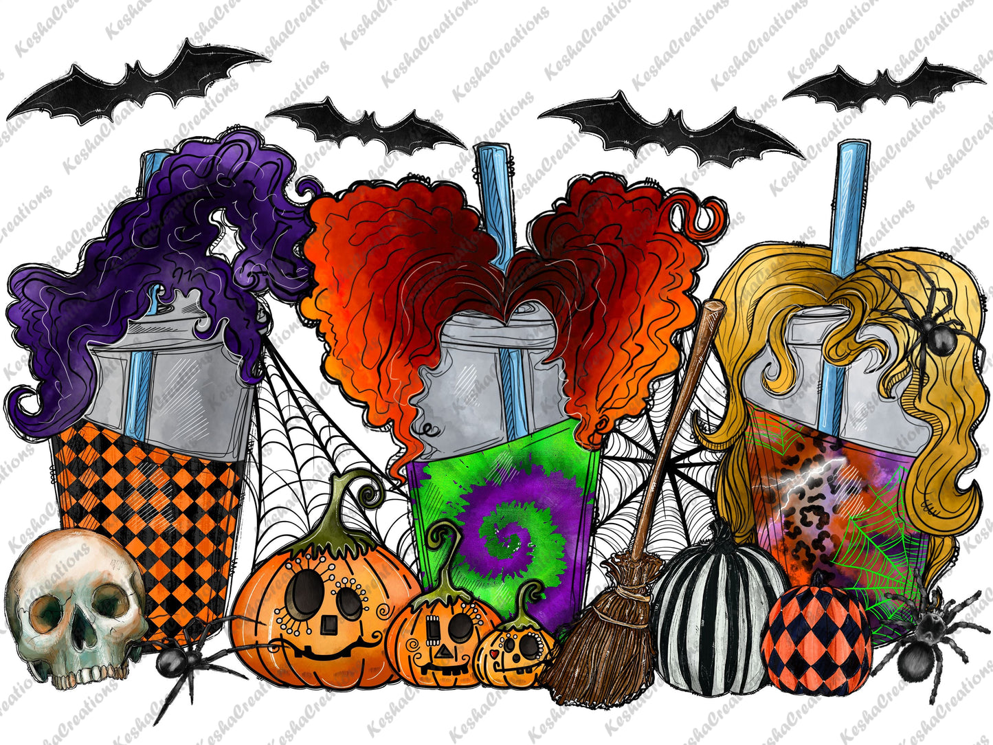 DTF transfer design of three witch-themed loaded teas, each with colorful straws and spooky Halloween decorations like pumpkins and spiders.