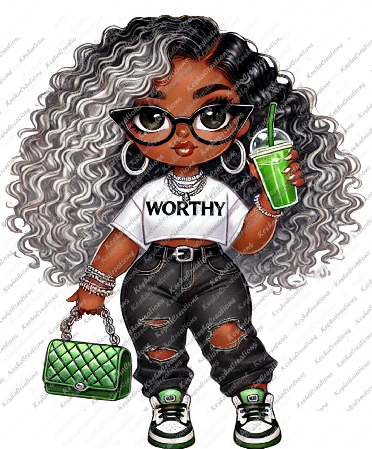 Cute chibi-style African American girl with voluminous black and silver curls, rocking a white “WORTHY” crop top, ripped jeans, sneakers, and oversized glasses, holding a green drink and a green purse. Trendy DTF transfer from KeshaCreations.