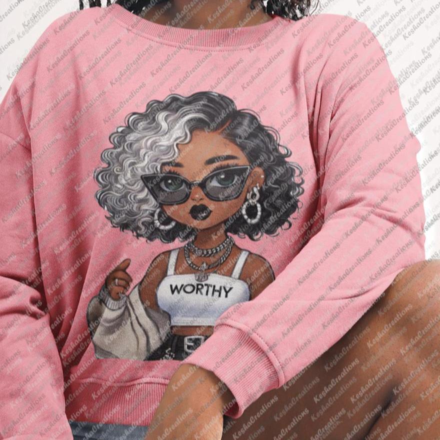 Collage-style promotional mockup featuring a joyful African American woman wearing a pink sweatshirt with a DTF transfer design of a stylish African American cartoon girl with curly black and silver hair, sunglasses, and jewelry, and the word "WORTHY" on her shirt.