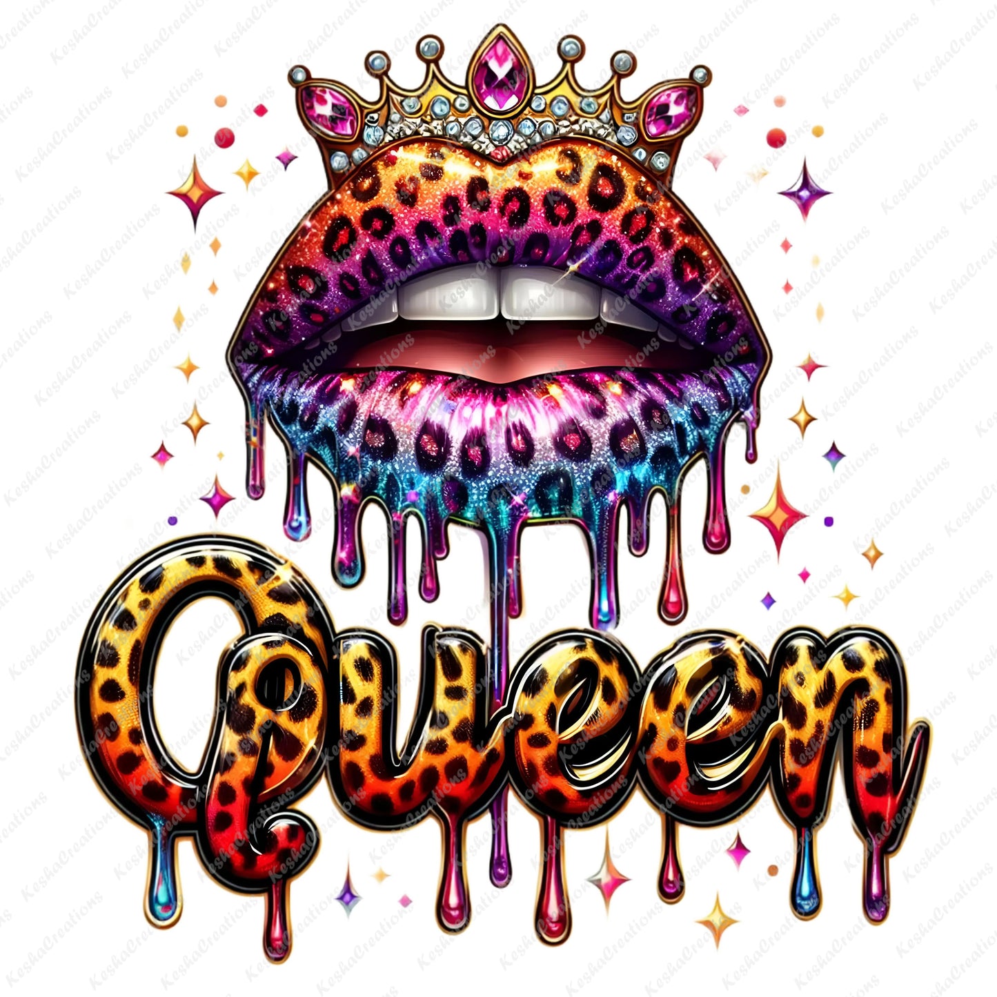 Vibrant design of colorful leopard-print lips with a crown, dripping effect, and the words "Birthday Queen" in a bold matching style.