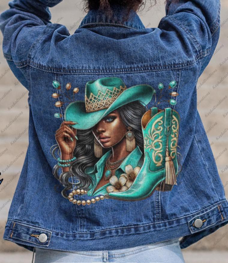 Back view of a woman showing off a denim jacket decorated with a teal-themed DTF transfer of a confident cowgirl in a matching hat and boots, detailed with pearls and flowers. Printed by KeshaCreations.