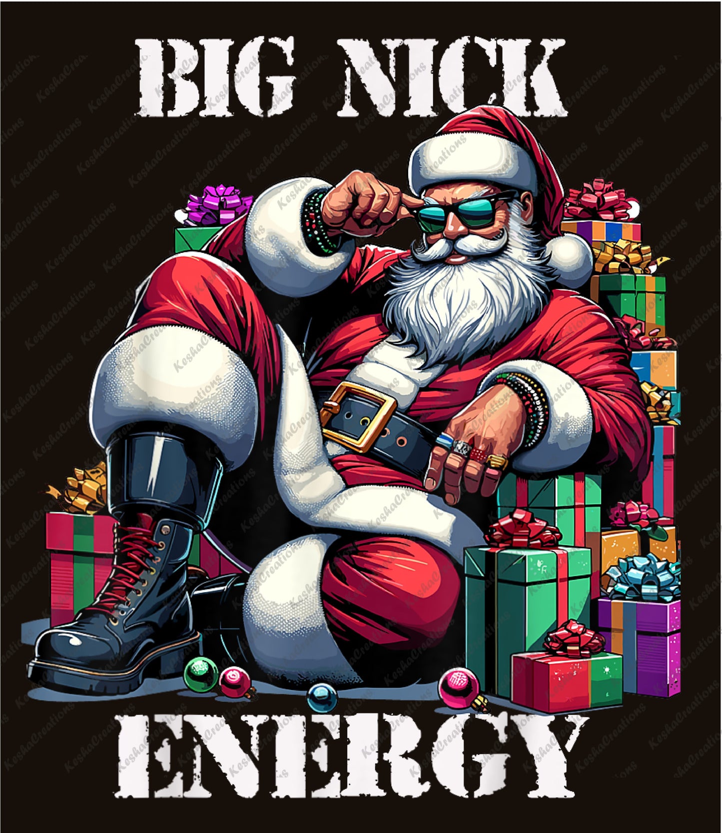 Cool Santa Claus reclining with sunglasses, surrounded by holiday presents, with the text "Big Nick Energy."