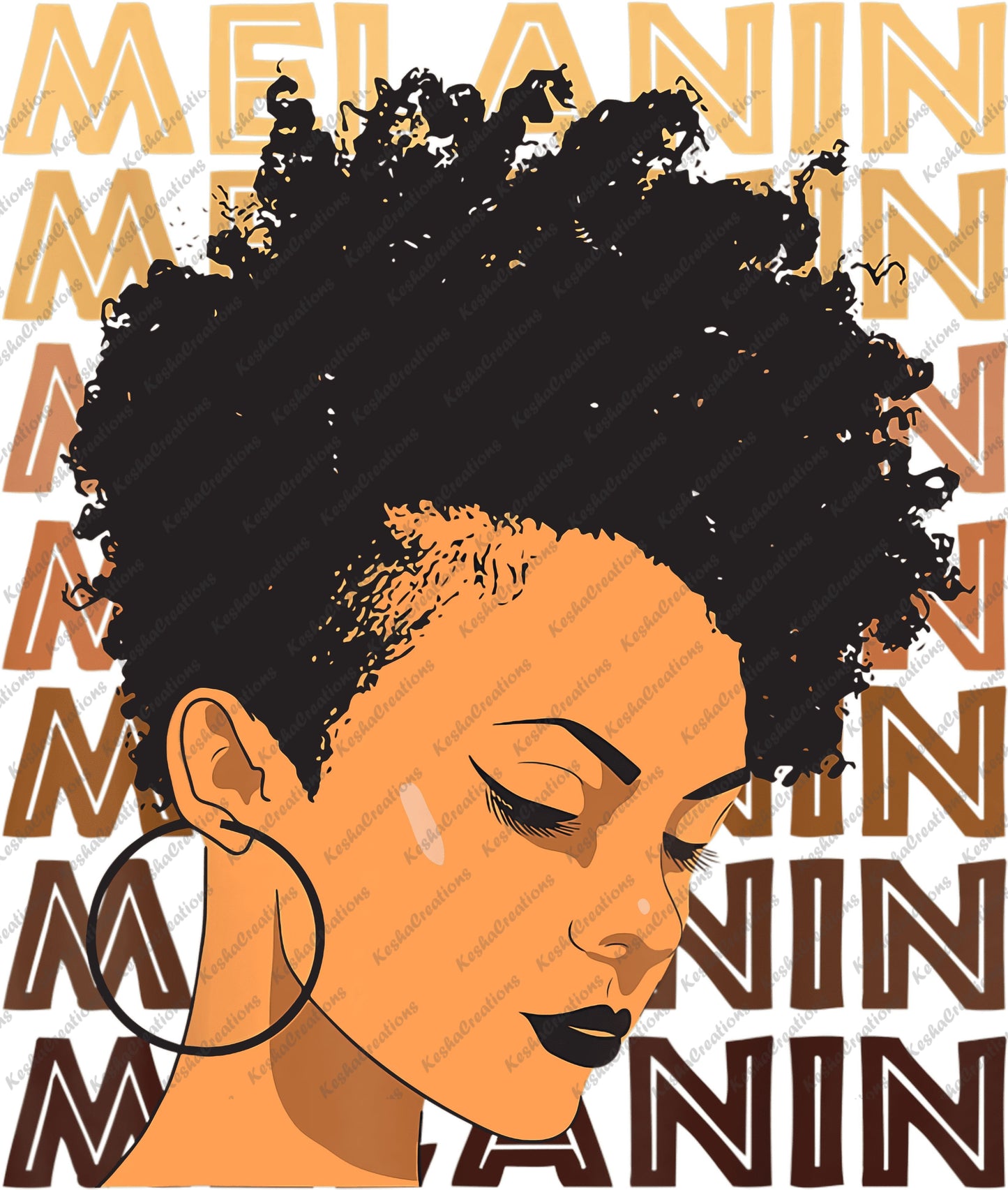 DTF transfer featuring a bold illustration of a Black woman with a curly afro, hoop earrings, and closed eyes, set against a backdrop of the word "MELANIN" in various shades of brown.