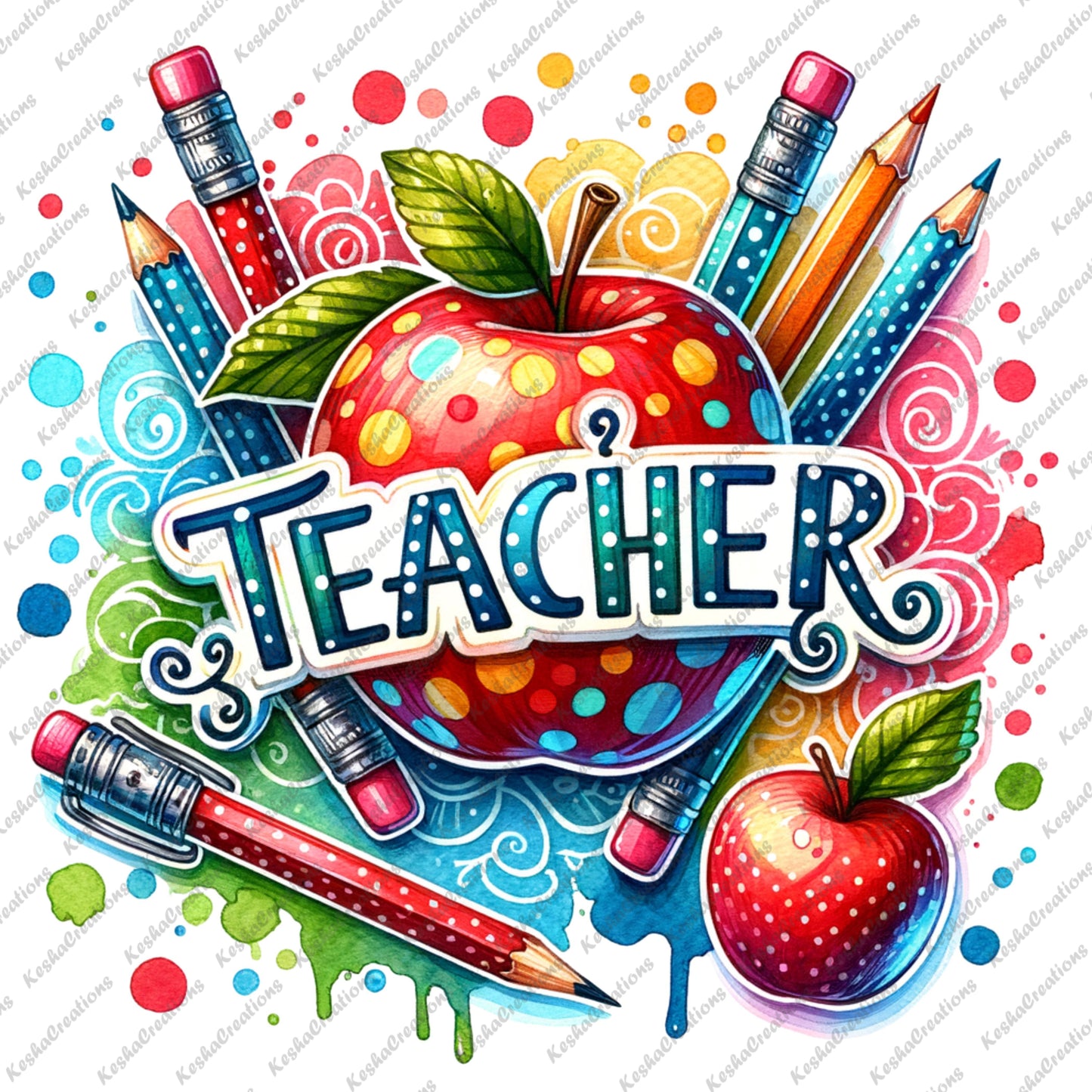 DTF transfer design featuring a vibrant red apple with colorful polka dots, surrounded by pencils, erasers, and artistic swirls. The word "Teacher" is prominently displayed in bold, decorative lettering.