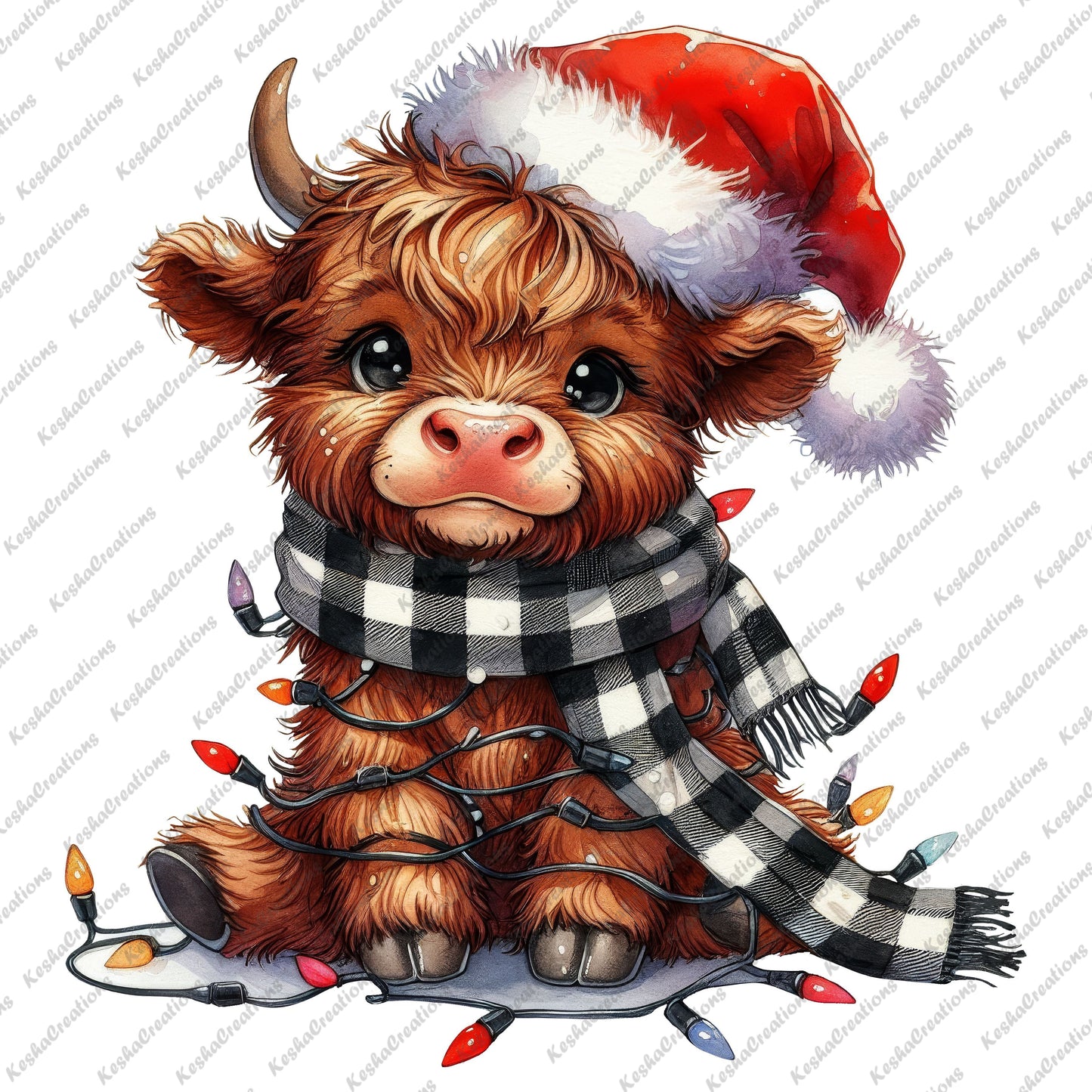 Cute cow wearing a Santa hat and wrapped in buffalo plaid scarf and holiday string lights.