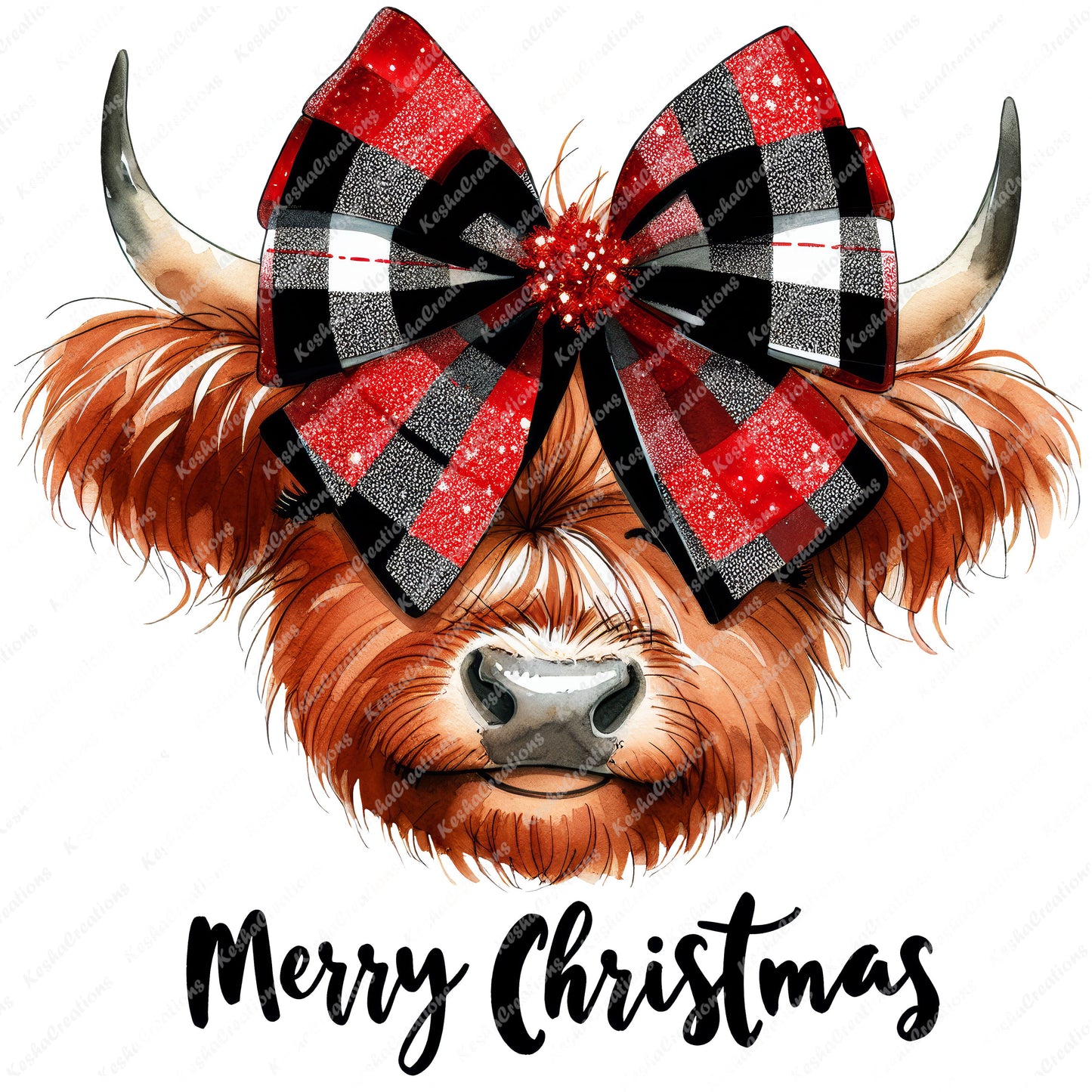 Cow head with a large red and black buffalo plaid bow and the text 'Merry Christmas' beneath it.